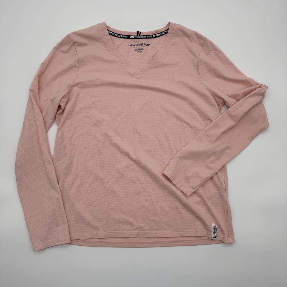 Tommy Hilfiger Sport Womens Pink Pointelle V-Neck Long Sleeve‎ Top Size M